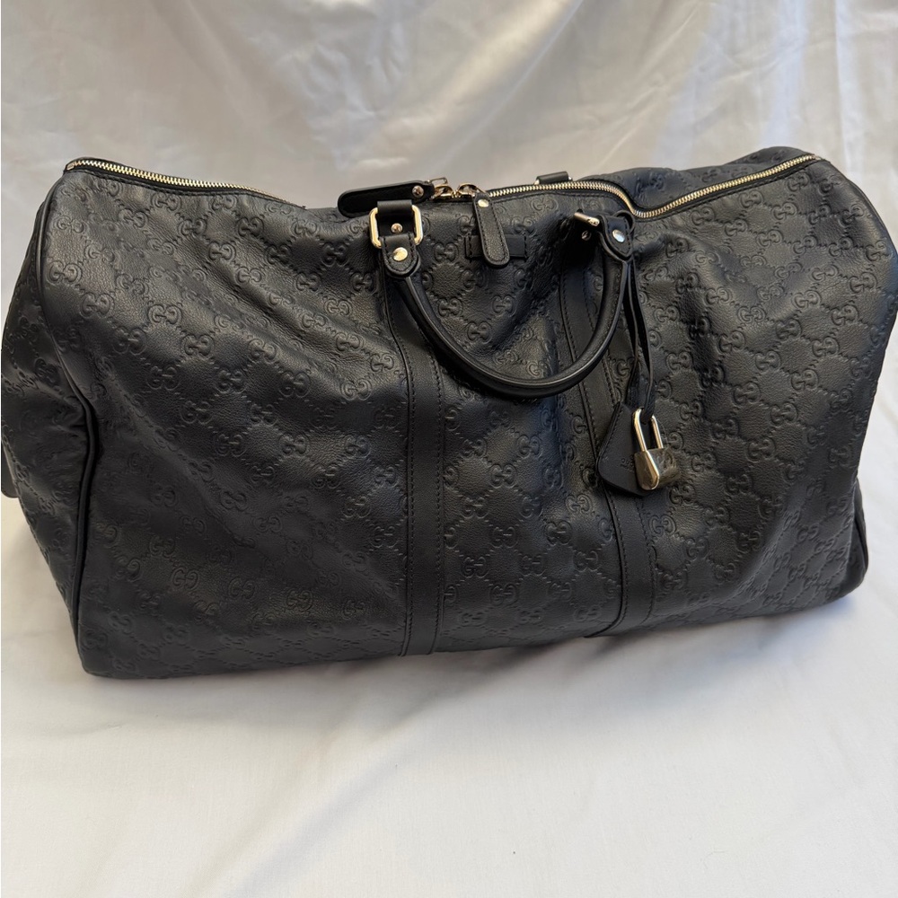 Gucci Black Embossed GG Leather Weekender with Gold Hardware